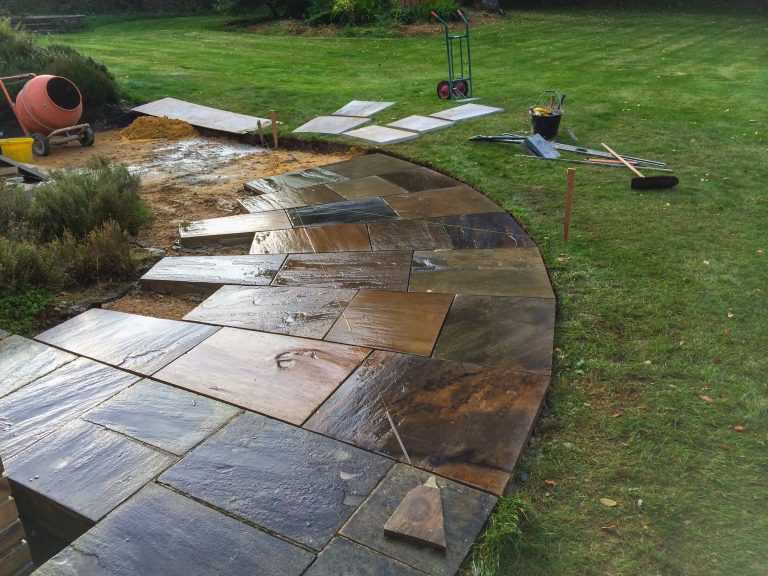Decorative stone paving being laid
