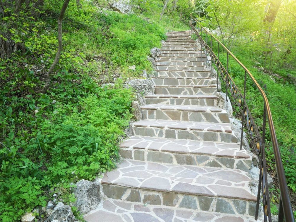 Stone steps in beautiful spring forest